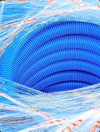 a blue plastic hose wrapped in plastic